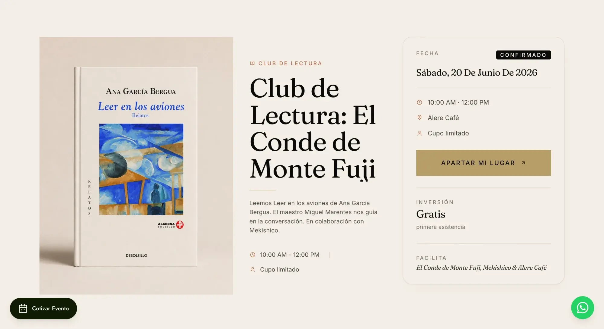Página editorial de un evento de Alere Café en escritorio