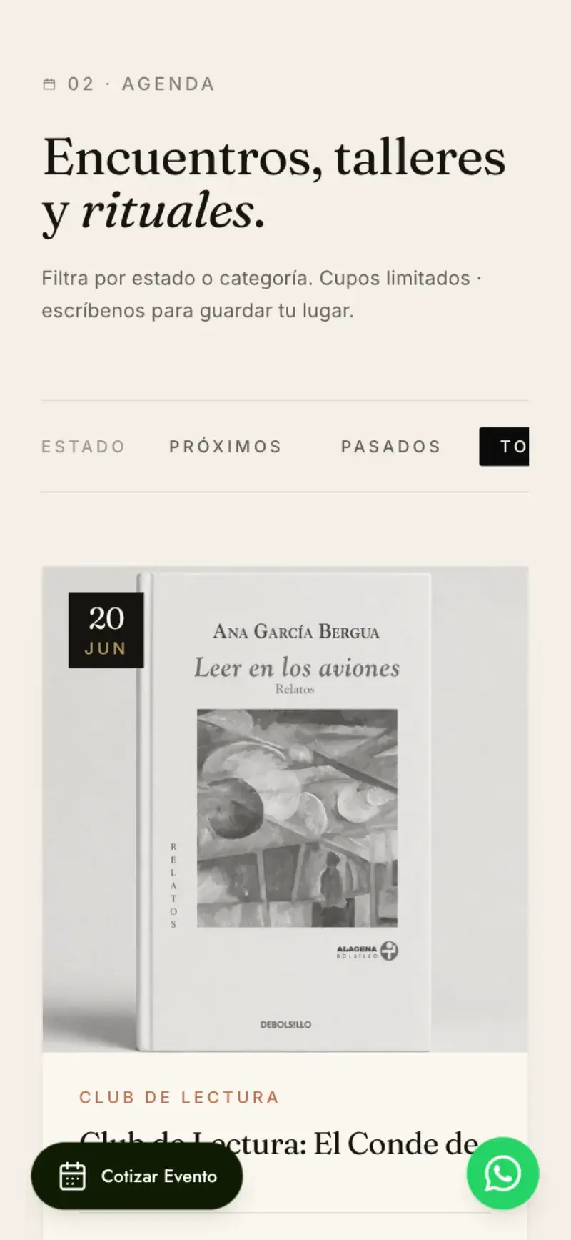 Agenda y filtros de eventos de Alere Café en móvil