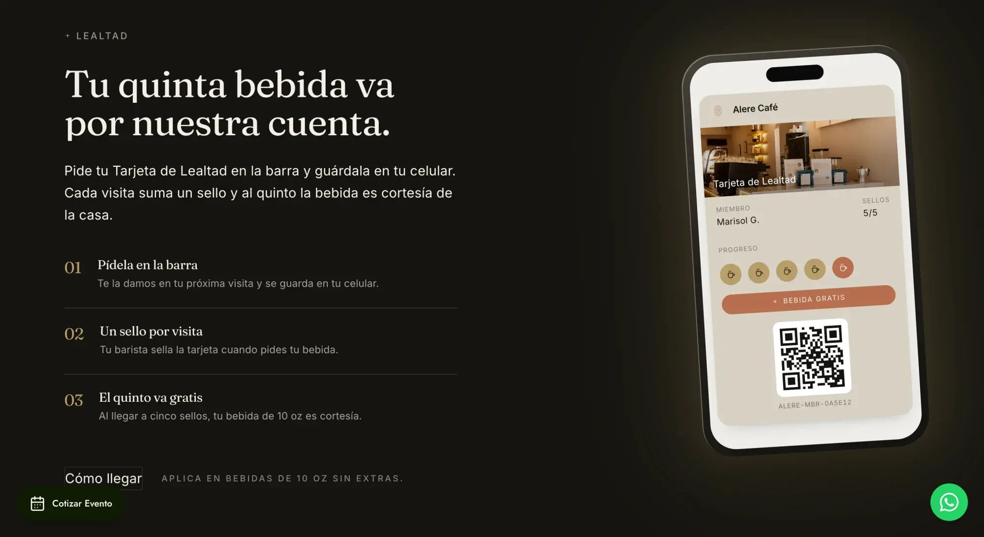 Sección del sitio de Alere Café que explica la tarjeta de lealtad digital y la bebida de cortesía