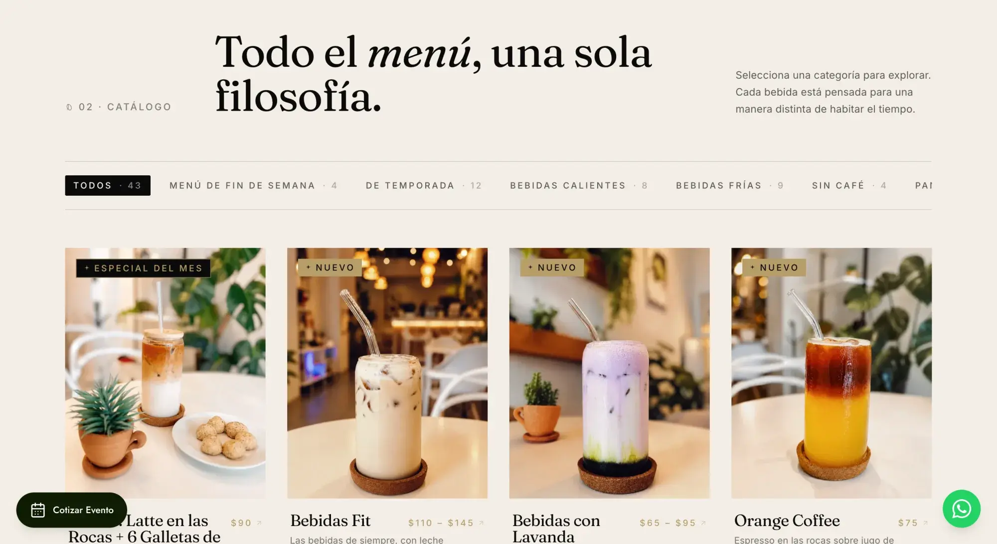 Catálogo completo del menú de Alere Café en escritorio