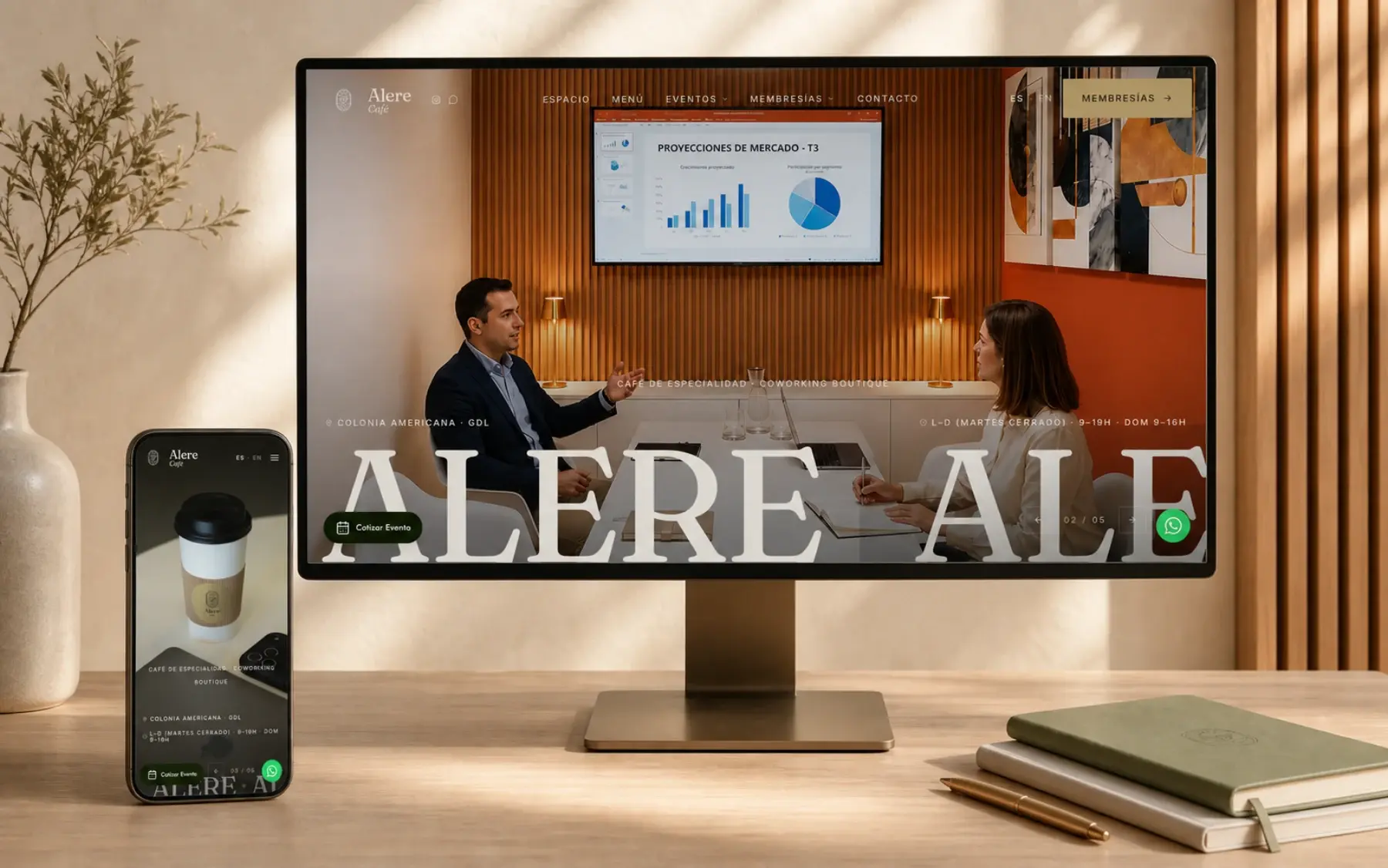 Sitio de Alere Café presentado en una pantalla de escritorio y un teléfono