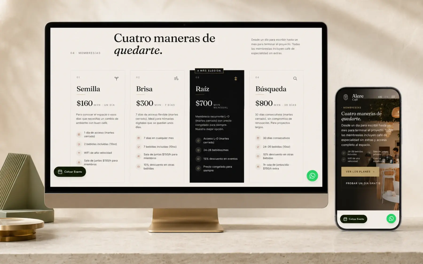 Sistema responsive de membresías de Alere Café