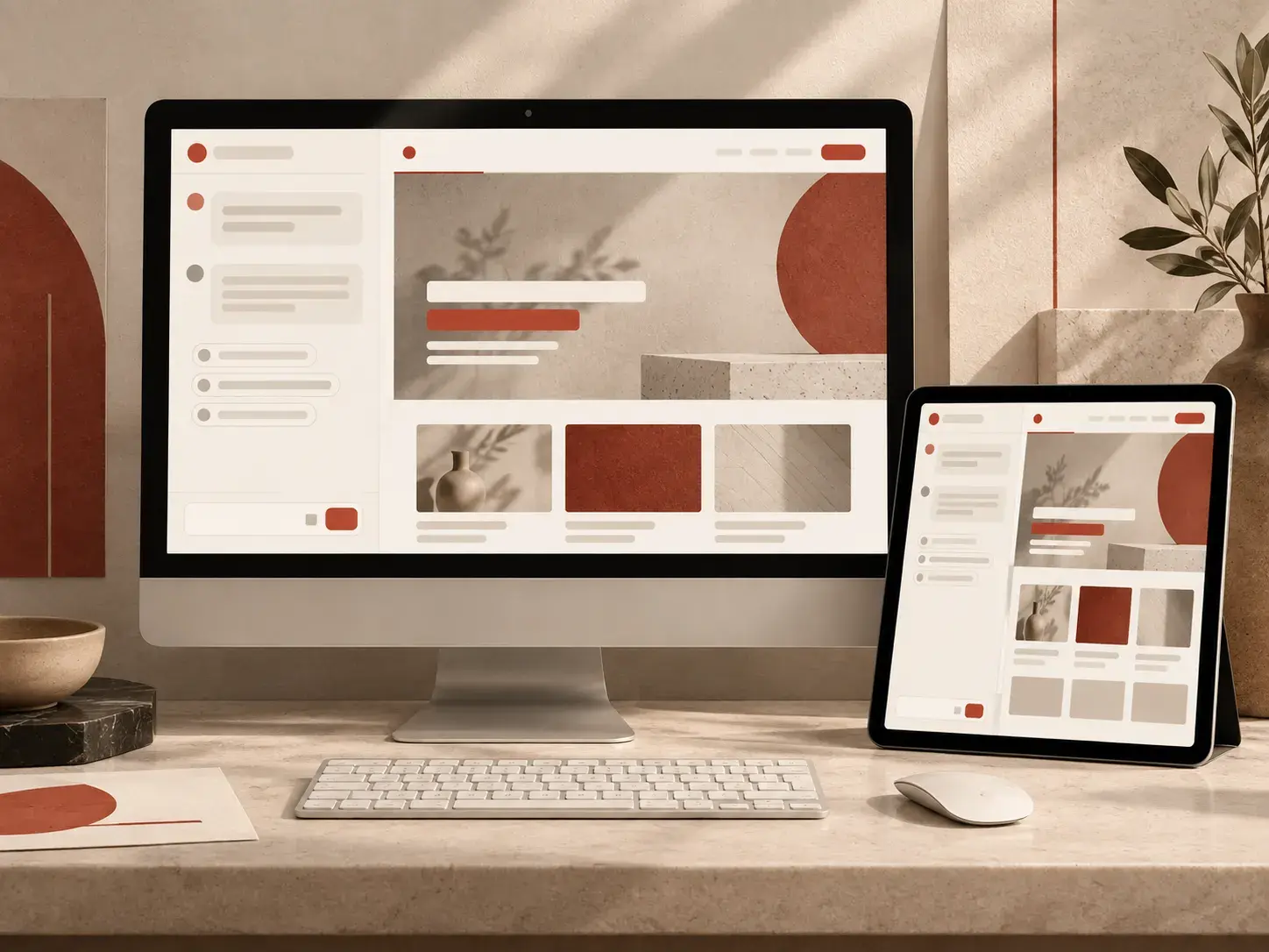 Agente Editor Web con IA en una pantalla de escritorio y una tablet