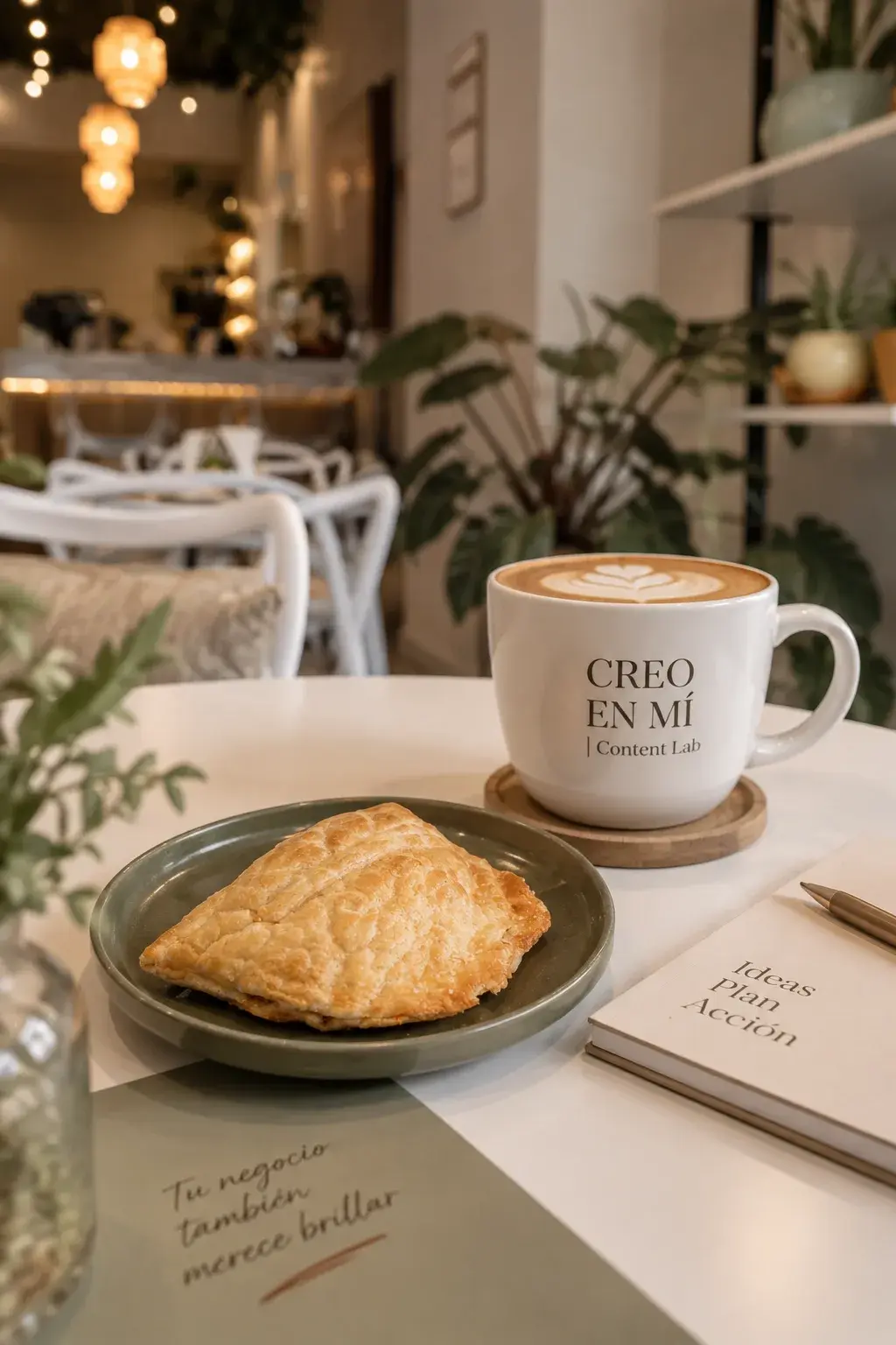 Café y pan dulce sobre una mesa en Alere Café, con una taza que dice Creo en mí, Content Lab