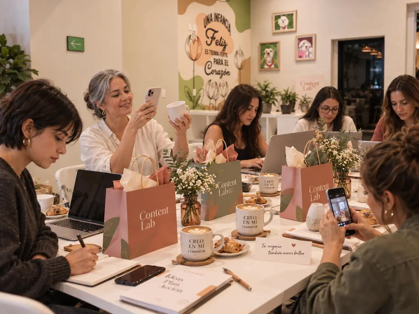 Grupo de emprendedoras trabajando con laptops y cuadernos en una sesión de Content Lab