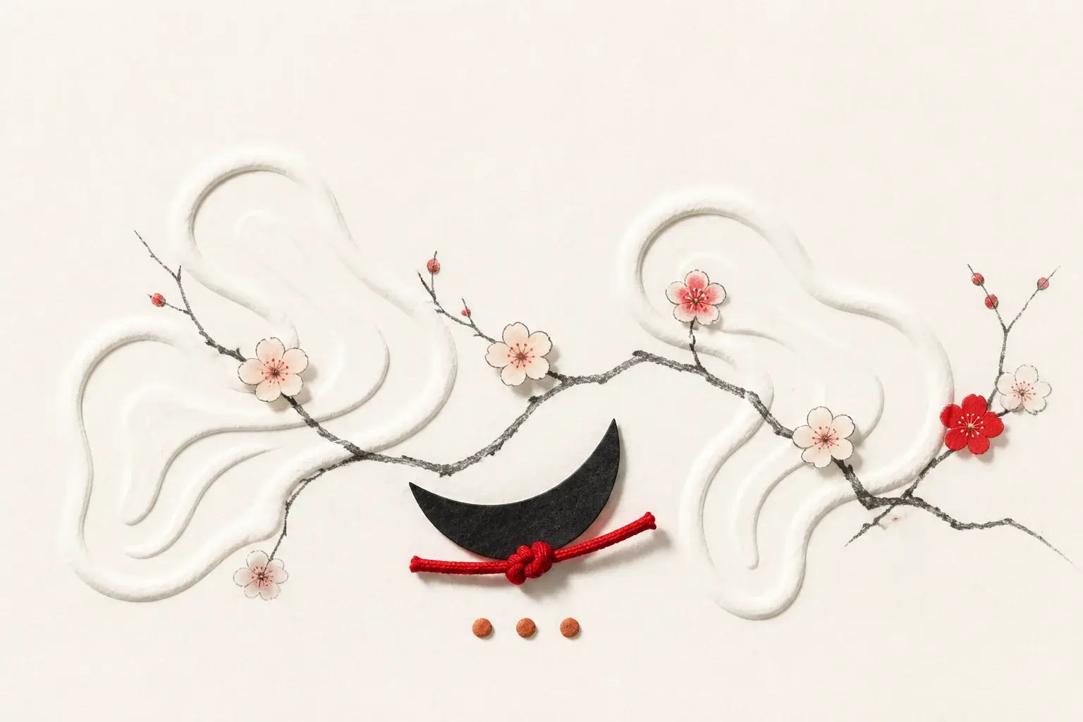 Composición Mekishico con sakura, papel y nudo rojo